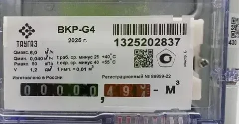 Шильдик газового счётчика ВКР-G4 2025 г.: модель, год выпуска, заводской номер, регистрационный номер 86899-22