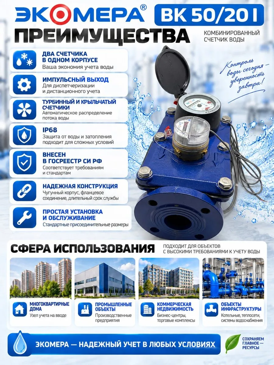 Преимущества ЭКОМЕРА-ВК: два счётчика в одном корпусе, IP68, госреестр