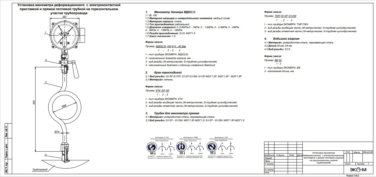 Типовая схема установки манометра с электроконтактной приставкой (исп.V) и прямой петлевой трубкой на горизонтальном участке трубопровода с бобышкой со внутренней резьбой