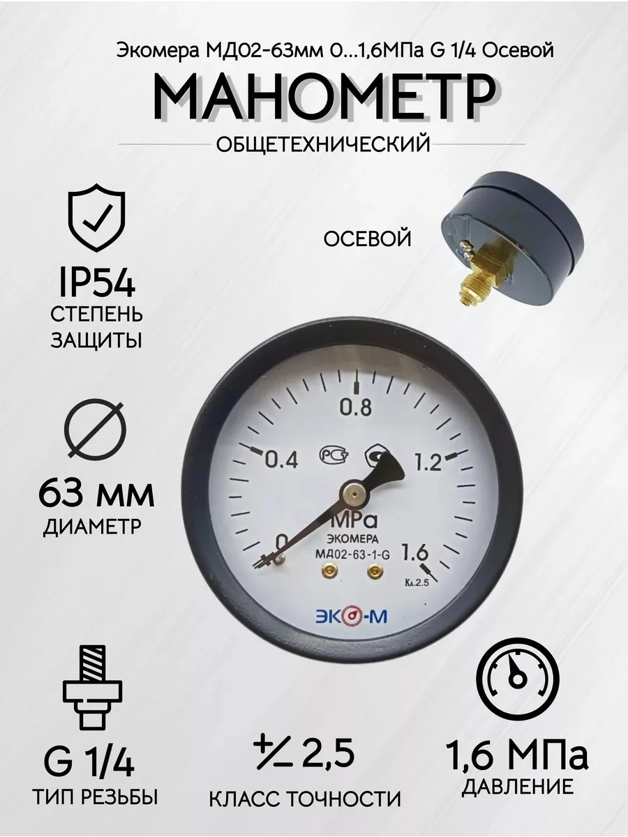 Манометр Экомера МД02-63мм 0..1,6МПа G1/4 Осевой