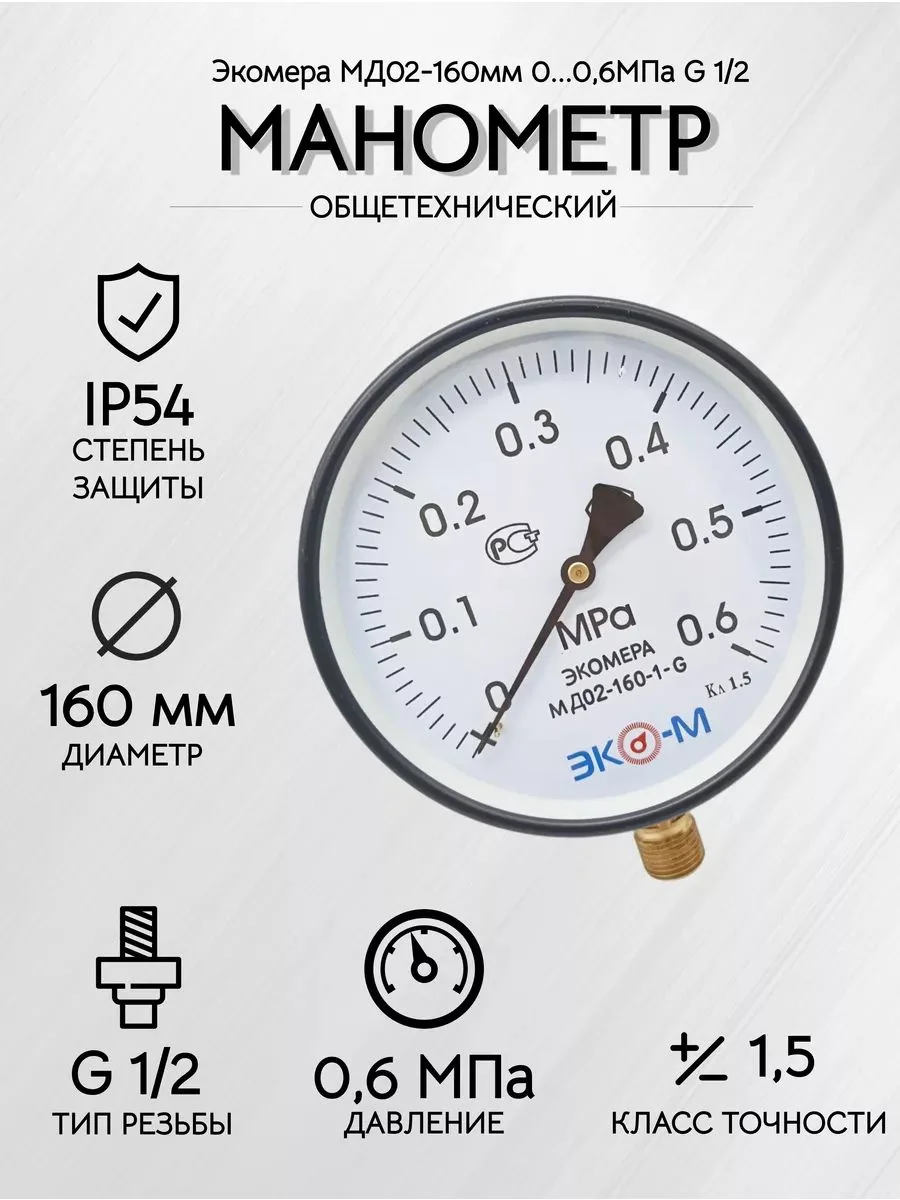 Манометр Экомера МД02-160мм 0..0,6 МПа G1/2
