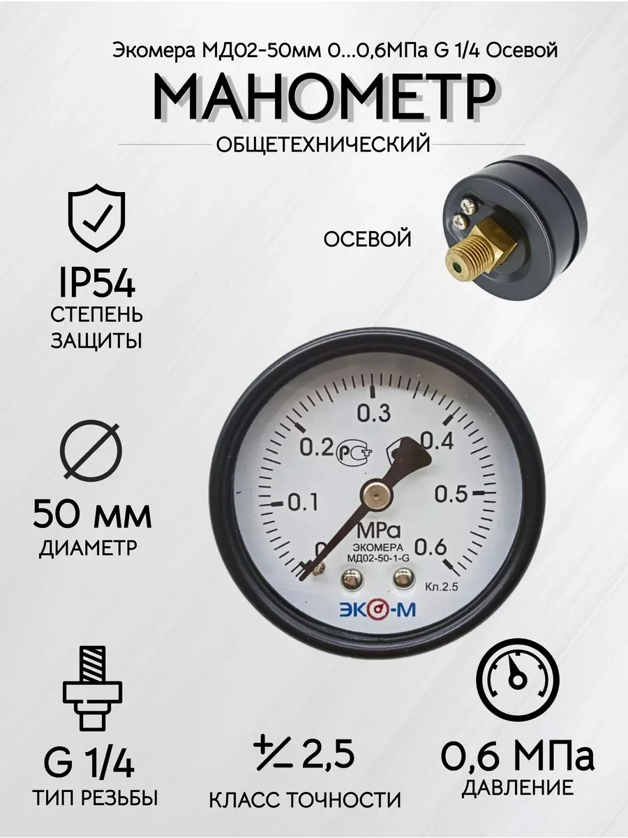 Манометр Экомера МД02-50мм 0..0,6МПа G1/4 Осевой