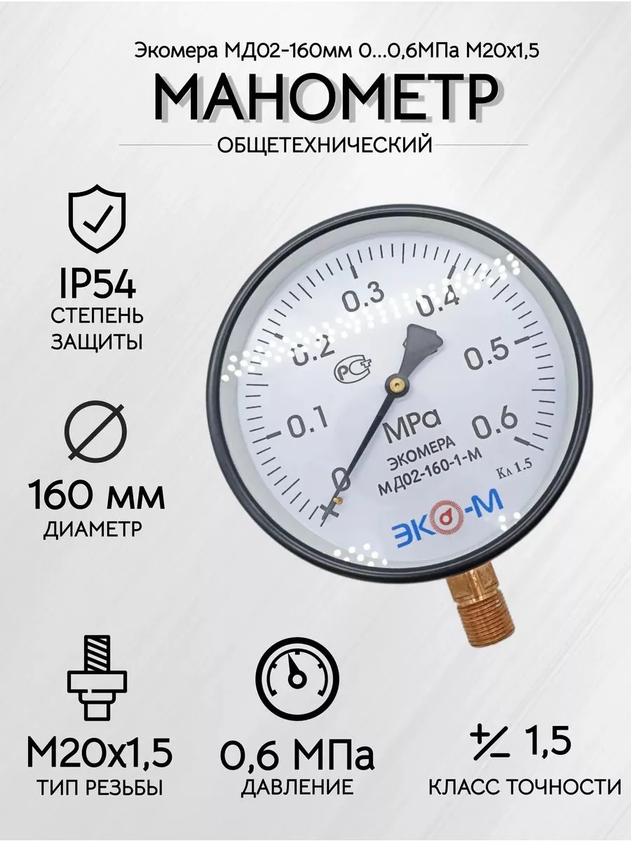 Манометр Экомера МД02-160мм 0..0,6МПа М20*1,5