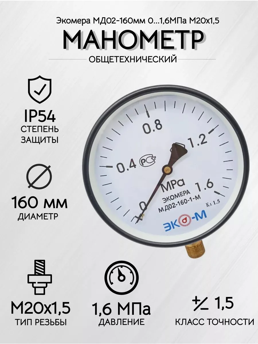 Манометр Экомера МД02-160мм 0..1,6МПа М20*1,5