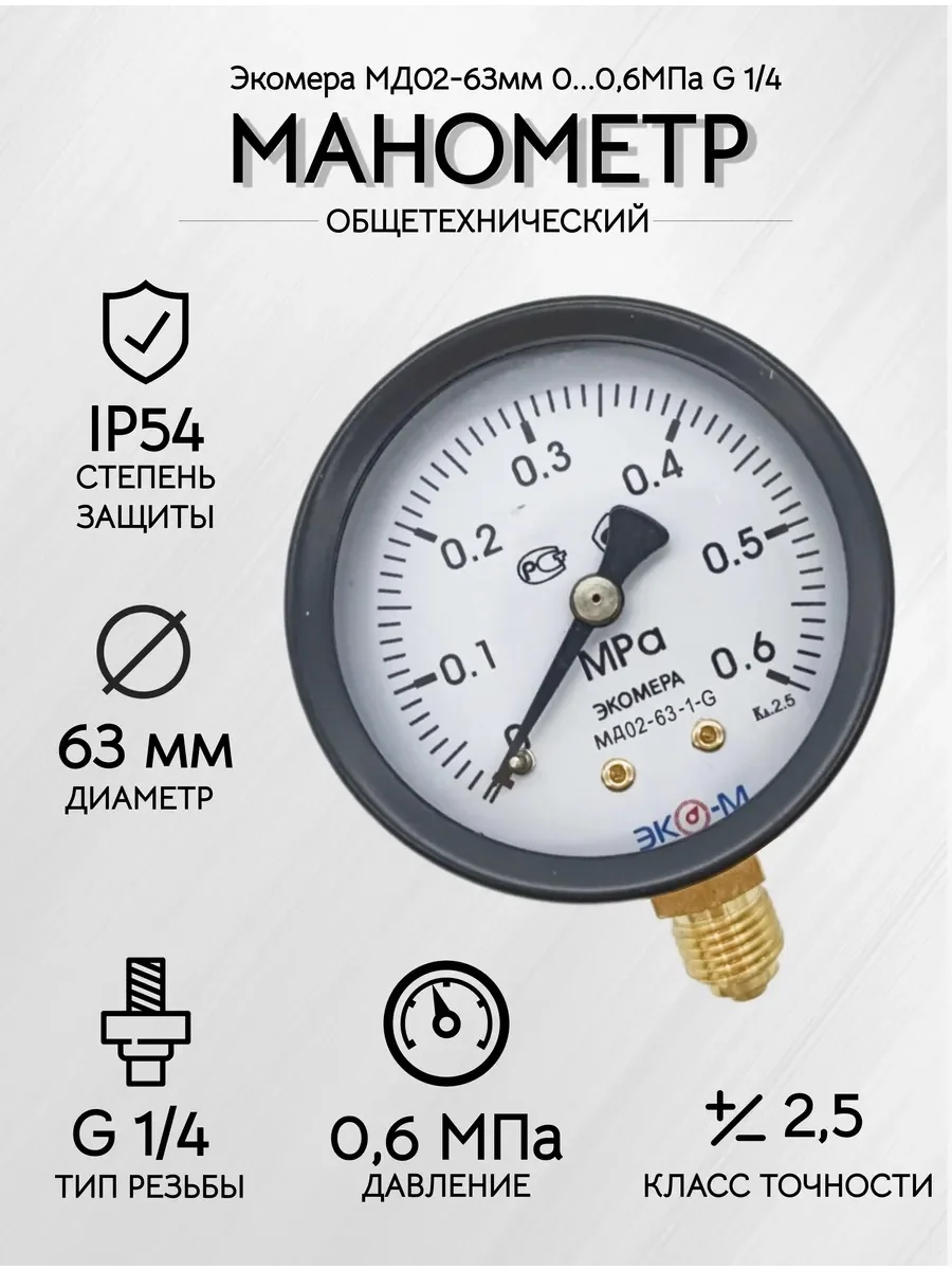 Манометр Экомера МД02-63мм 0..0,6МПа G1/4