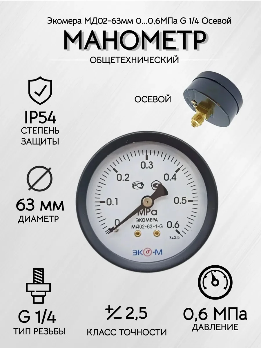 Манометр Экомера МД02-63мм 0..0,6МПа G1/4 Осевой