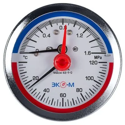 Термоманометр Экомера МД04-63мм 0..1,6МПа 0..120С G1\4 с переходником на G1\2 Осевой