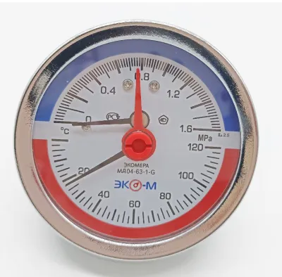 Термоманометр Экомера МД04-63мм 0..1,6МПа 0..120С G1\4 с переходником на G1\2 Осевой