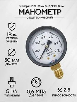 Манометр Экомера МД02-50мм 0..0,6МПа G1\4