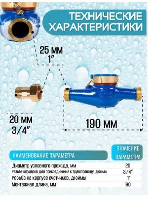 Счетчик воды ЭКОМЕРА-20М Мокроходный (Глицерин) l-190