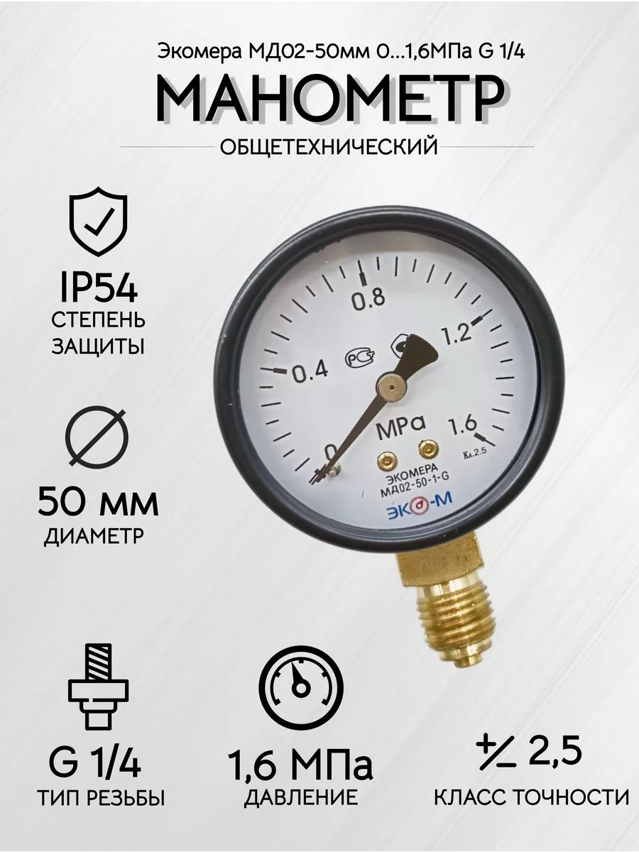 Манометр Экомера МД02-50мм 0..1,6МПа G1\4
