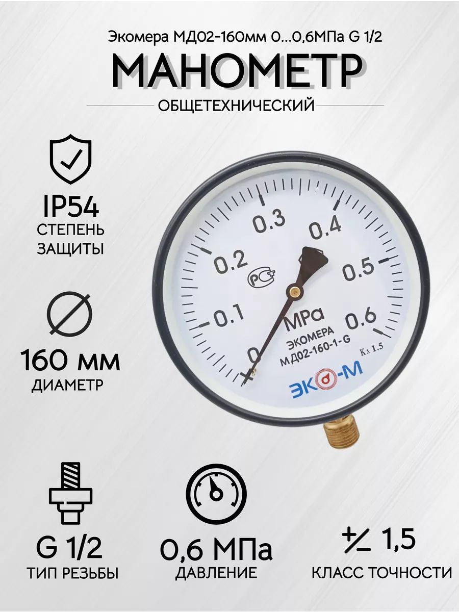Манометр Экомера МД02-160мм 0..0,6 МПа G1\2