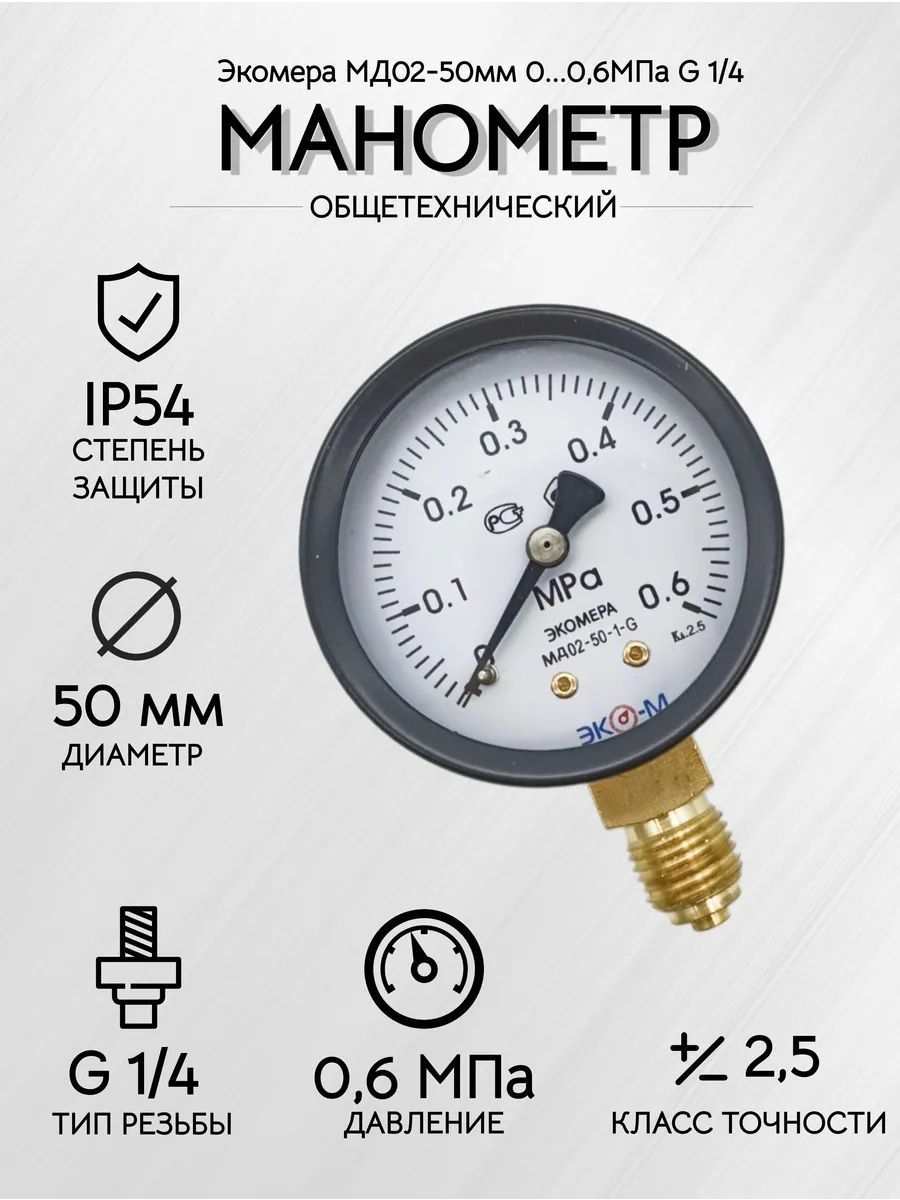 Манометр Экомера МД02-50мм 0..0,6МПа G1\4