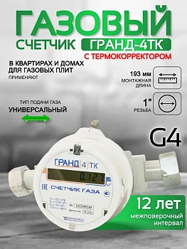 Счетчик газа ГРАНД 4 ТК м3 Ду 25 190 мм
